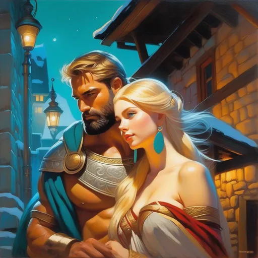 Prompt: King Leonidas impregnating Saami girl, pale skin, blonde hair, teal eyes, Stockholm at night, cold atmosphere, cartoony style, extremely detailed painting by Greg Rutkowski and by Henry Justice Ford and by Steve Henderson 

