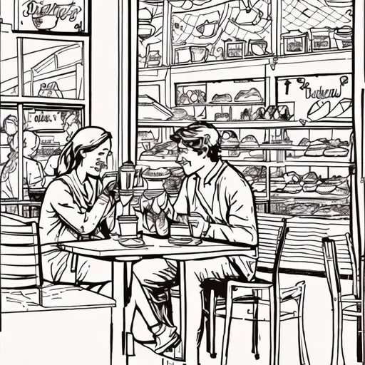 Prompt: line drawing of a young couple drinking coffee and eating desert. With a sign in the back called “martha’s bakery”