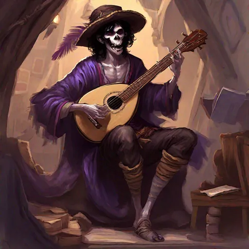 Prompt: Full body splash art of a sweet, youthful, young, handsome, male undead zombie bard, singing and playing the lute, gaunt mummified face, sharp teeth, black hair, skinny, tyrian purple medieval noble royal clothes with puffy sleeves, floppy hat with feathers, D&D, dnd, fantasy, highly detailed, sharp focus, digital painting, trending on artstation, 4k, 8k, unreal engine
