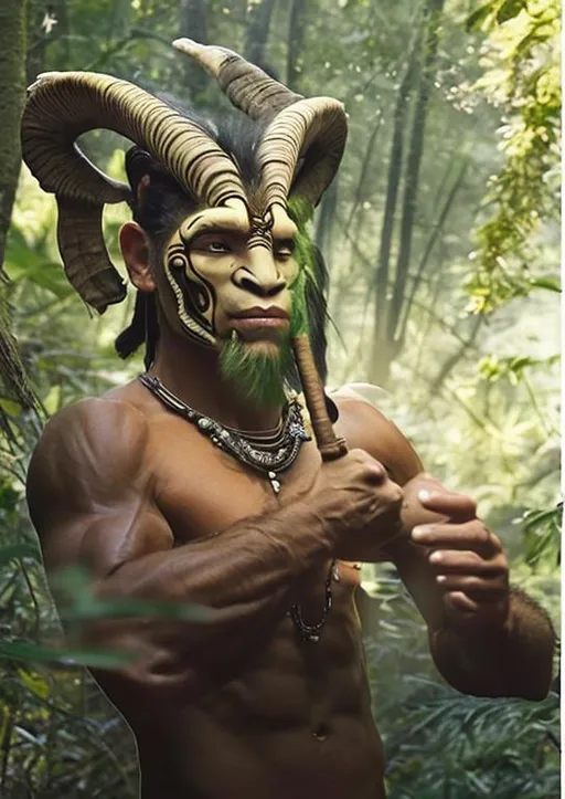 Prompt: Nature spirit playing pan pipes.  a chimera half goat half man.  Muscled arms and torso.  Dancing through the forest