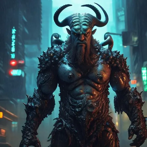 Prompt: Kraken 20%, Goat 20%, remainder human. futuristic. Part bionic. One mech arm. Muscular, neo Tokyo. Dark. Moody. Visceral. Harsh shadows. King Triton plated armour. Mostly human. Highly detailed, perfect. Interesting lighting. Heavy rain. Magical powers