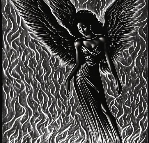 Prompt: photo black woman Angel burning in hell fire, distressed