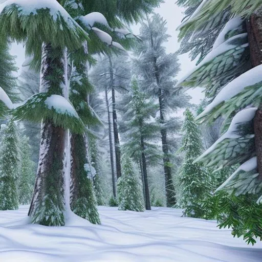 Prompt: A snowy hyper realistic forest with bushes 