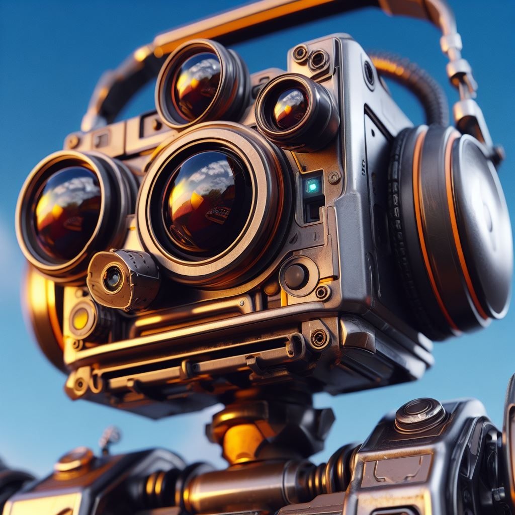 Prompt: a big robot with earphones and a camera, in the style of beeple, shiny eyes, brothers hildebrandt, cyril rolando, close up, bulbous, octane render