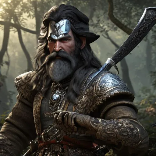 Prompt: 19th century man with a black beard and silver amour on, standing in the forest holding a sword, with shadows, ultra-detail 4k
