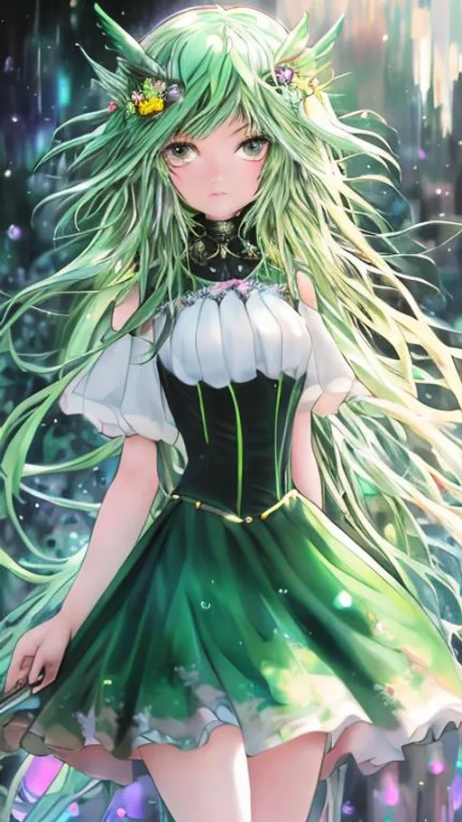 Prompt: (masterpiece), anime art, best quality, expressive eyes, perfect face, 1girl, fourteen years old girl, full body, long green hair, long hair, unbound hair, green right eye, blue left eye, heterochromatic eyes, green Magical Girl outfit, armed with a pike, strings connected to the body, strings going upward, giant hands above, black gloved hands above, strings emanating from the giant hands