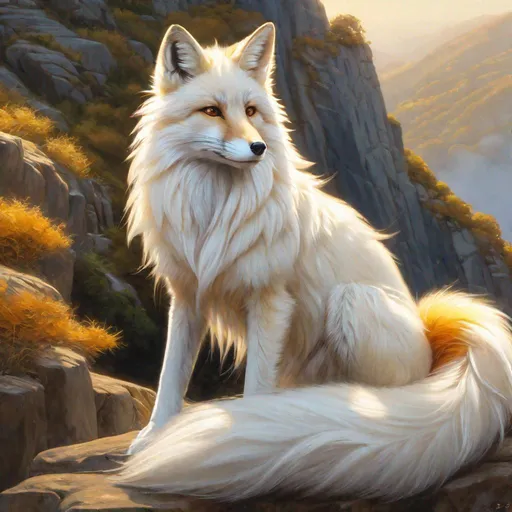 Prompt: hyperrealistic, best quality, professional oil painting, anime, masterpiece, nine-tailed female fox sitting on a cliffside, golden fur, head cautiously bent forward, thick silky white-gold mane, nine tails, kitsune, shy, timid, cautious, perfect composition, highly detailed, (sharp expressive detailed eyes:3), UHD, HDR, unreal engine, high octane render, 8k, intricate detail, 8k eyes, yuino Chiri, golden ratio, high octane, cinematic, intricately detailed mouth, highly detailed paws, breathtaking scenery, majestic sunrise