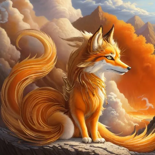 Prompt: (masterpiece, hyper detailed, epic digital art, professional illustration, fine colored pencil), Adolescent runt ((kitsune)), (canine quadruped), nine-tailed fox, dreamy amber eyes, fuzzy {white-gold} pelt, (golden necklace with brilliant orange gemstone), pointy brown ears, on a cliffside, in the clouds, possesses ice, timid, curious, cautious, nervous, alert, expressive bashful gaze, slender, scrawny, fluffy gold mane, {frost} on face, dynamic perspective, frost on fur, fur is frosted, sparkling ice crystals in sky, sparkling ice crystals on fur, sparkling rain falling, frost on leaves, dreamy, melodic, highly detailed character, petite body, large ears, full body focus, perfect composition, trending art, 64K, 3D, illustration, professional, studio quality, UHD, HDR, vibrant colors