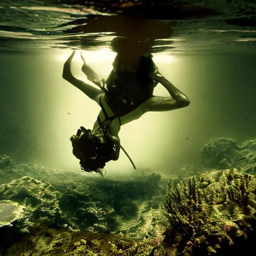 Prompt: An underwater photo of an upside down lake with a man standing on the water's surface, darkly lit, in a photorealistic style.