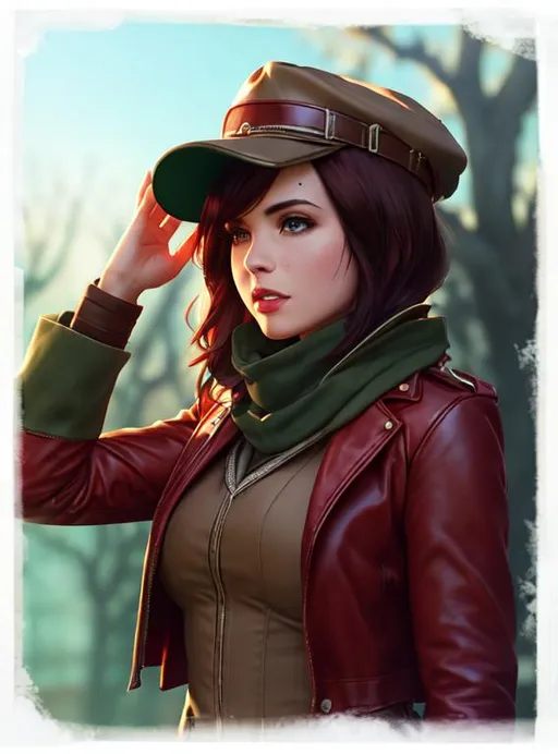 Prompt: Piper from Fallout, dim lighting, dead trees, red leather coat, green scarf, paperboy boston cap, brown eyes, aesthetic, award winning, artgerm, mucha, volumetric lighting, octane , high detailed, intricate, epic composition, cinematic lighting, masterpiece, stunning, smooth,  award - winning photoart, by conrad roset, by yoshitaka amano, by greg rutkowski, concept art, beautiful face, 4k, david yates