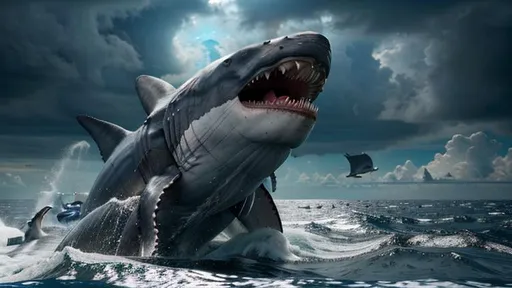 Prompt: Insanely Detailed photorealistic Megalodon breaching the ocean to eat a whale, Intricately detailed, Hyperdetailed, Hyperrealistic, Movie Quality, Filmic, 3D shading, 8K resolution, 64 megapixels, dynamic lighting, cool colors, deep color, complex, elaborate, ominous, seascape, 8K 3D, #film