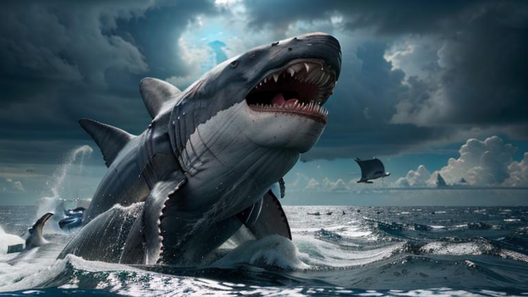 Insanely Detailed photorealistic Megalodon breaching...