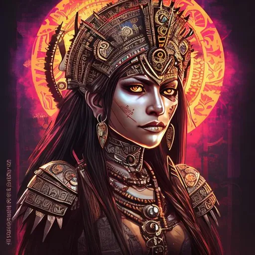 Prompt: aztec queen, ruler, crown, light, dawn, blood, intense, fierce expression, calm, smirk, fit woman, long black straight hair, colorful background,  sun, glowing eyes, side view, queen, anime, detailed, steampunk 