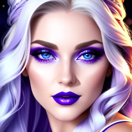 Prompt: Beautiful ethereal woman, long blonde hair,and icy blue eyes color, purple lipstick, facial closeup