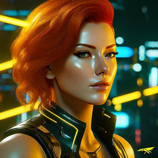Prompt: Capture a precise, professional-grade close-up portrait of a light redhead woman, her head turned to the side, revealing a detailed face adorned with an eye implant. The golden outline of this cybernetic upgrade, a common sight in the Cyberpunk 2077 universe, should be highly detailed, accentuating her unique allure.

She leans, her upper body against the shiny, silver roof of a Quadra Type-66 Avenger, a futuristic car from the game Cyberpunk 2077. Her high-collared jacket, reminiscent of the edgy style found within the game, envelops her form, adding to her enigmatic presence. The car, a tangible representation of the advanced technology of her world, should be meticulously detailed, showcasing its sleek design and symbolic power.

Perched on a hill, she overlooks a towering cyberpunk city, its holographic advertisements flickering amidst the architectural marvels. The cityscape, symmetrically arranged, adds an air of balance to the chaotic underpinnings of the cyberpunk world. Both foreground and background elements need to be sharply detailed, pulling viewers into this future realm.

Set under the cloak of night, the scene is alive with vivid neons and stark shadows, creating a quintessential cyberpunk ambience. Despite the nocturnal setting, the image should be luminous and defined. The city's radiance, the car's sheen, and the woman's glowing eye implant should puncture the darkness, mirroring the grit and glamour of this universe.

The woman should be centered in the image, drawing viewers into her world. This high-quality photograph should not only capture her and the Avenger, but the thriving metropolis behind her, encapsulating the intrigue and allure of the cyberpunk world. Aim to depict a rich narrative: the intersection of human and machine, illuminated under the city's neon glow.