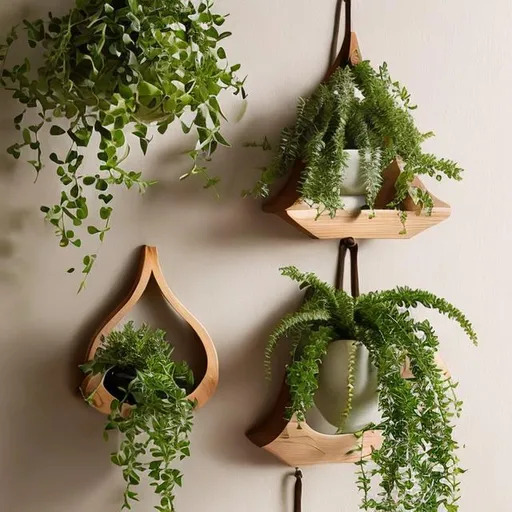 Prompt: Elevate your indoor greenery with elegant wooden plant hangers