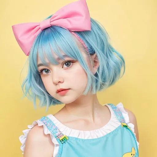 Prompt: Cute girl anime semi realistic has short chin length layered hair. Light blue color with bangs clipped to the side with a green bow color of hair is light blue light blue eyes long eyelashes winged eyeliner plum lipstick peach skin chubby cheeks wearing a short sleeve crop top with a yellow smiley face on it and is wearing also a pink tutu for her shoes she is wearing pink sneakers hightops in particular for the pose she has one hand on her hip With the the other hand being in a peace sign for her legs one is facing forward and the other one is slightly turned out