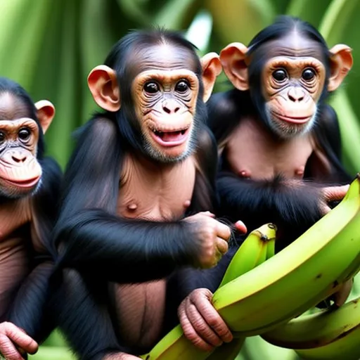 Prompt: grinning baby chimps holding bananas