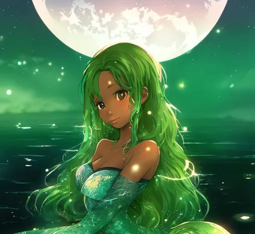 Prompt: Anime, Princess, Ebony Skin, Mermaid, Lake, Water, Moon, Busty, 4k, HD, High Quality, Effect.
