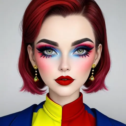 Prompt: A woman all in primary colors, pretty makeup