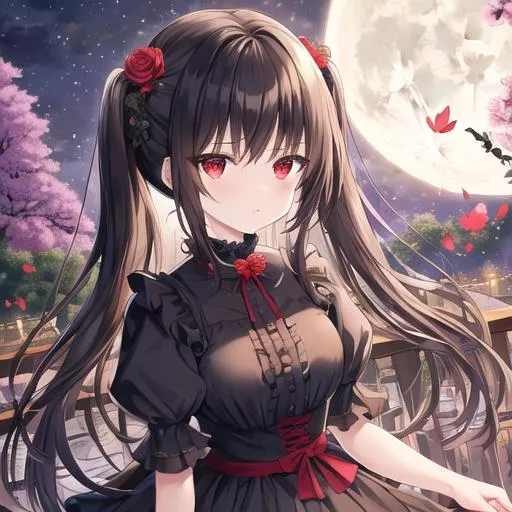 Prompt: (masterpiece, best quality:1.2), illustration, absurdres, highres, extremely detailed, 1 girl, black long hair, pigtail, red eyes, eye highlights, look mean, dress, short puffy sleeves, frills, outdoors, flower, fluttering petals, upper body, (moon:1.2), night, depth of field, (:d:0.8), chromatic aberration abuse,pastel color, Depth of field,garden of the sun,shiny,red tint,(purple fog:1.3)