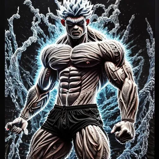 Prompt: 64K masterpiece intricate hyperdetailed breathtaking 3D glowing black oil painting medium portrait of son goku, black trousers, intricate hyperdetailed muscular body, intricate hyperdetailed muscles, glowing white light reflection on the muscles, hyperdetailed intricate hard standing glowing hair, hyperdetailed glowing angry white eyes, detailed face, white glowing muscles, white glowing body, tan glowing skin, semi-polaroid monochrome photography, hyperdetailed complex, character concept, hyperdetailed intricate glowing shining glamorous colored water drop floating in the air, very angry, intricate glowing light reflection, intricate hyperdetailed glowing iridescent reflection, strong glowing white light on the hair, contrast white head light, hyperdetailed very strong colored shadowing very strong colored muscle shadow, professional award-winning photography, maximalist photo illustration 64k, resolution High Res intricately detailed, impressionist painting, yellow color splash, illustration, key visual, panoramic, cinematic, masterfully crafted, 8k resolution, stunning, ultra detailed, expressive, hypermaximalist, UHD, HDR, UHD render, 3D render, 64K, hyperdetailed intricate watercolor mix oil painting on the body, Toriyama Akira colored cyberpunk 2077 city skline backround