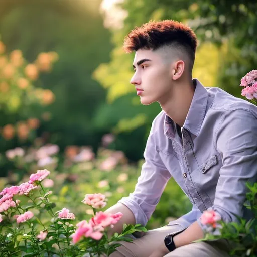 Prompt: A 20 year old young man looking at a beautiful nature scene with beautiful flowers around and a peaceful atmosphere.