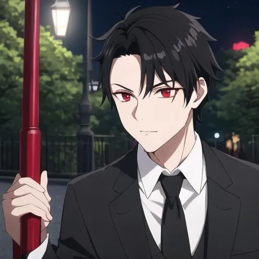 Prompt: Damien (male, short black hair, red eyes) in the park at night