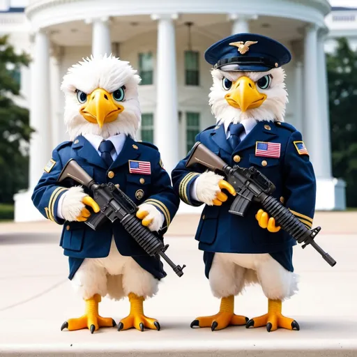 Prompt: two small cute and furry eagles in US military uniform with M16 rigle in hands, before White House with USA flag