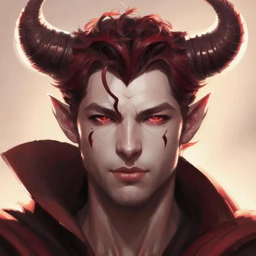 Prompt: handsome male tiefling, rough skin, red dreamy eyes, 2 black horns, medium hair, symmetrical, soft lighting, detailed face, stanley artgerm lau, wlop, rossdraws, digital painting