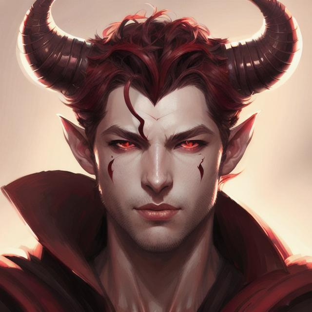 handsome male tiefling, rough skin, red dreamy eyes,...