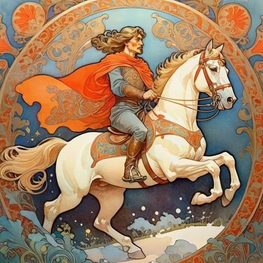 Prompt: a courageous Russian hero on a good horse, illustration for the work Ruslan and Lyudmila, Bilibin style, high quality, dazzling reflected light, incredible art, focus, watercolor,