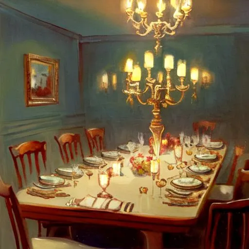 A painting of a table set for a candlelit dinner at... OpenArt