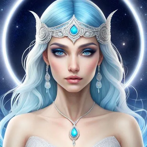 Prompt: White prism, cosmic,etherial, fairy, goddess of light , blue hair and eyes, facial closeup