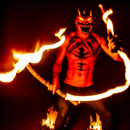 Prompt: 
Scary Demon holding a fire whip