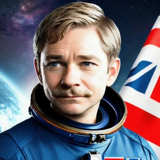 Prompt: Martin Freeman as an astronaut, has a vintage moustache, holding the UK flag, space background
