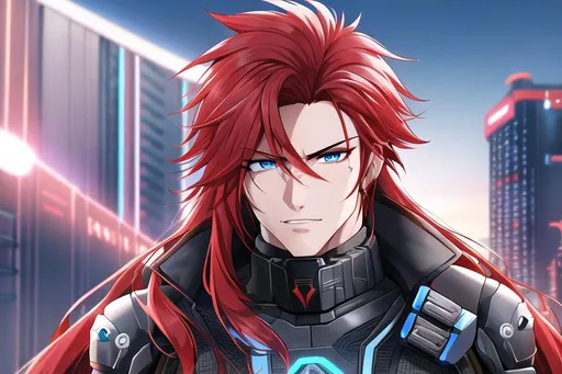 Prompt: Zerif 1male (Red side-swept hair falling between the eyes, sharp and sassy blue eyes), highly detailed face, 8K, Insane detail, best quality, UHD, handsome, flirty, muscular, Highly detailed, insane detail, high quality. cyberpunk 2077