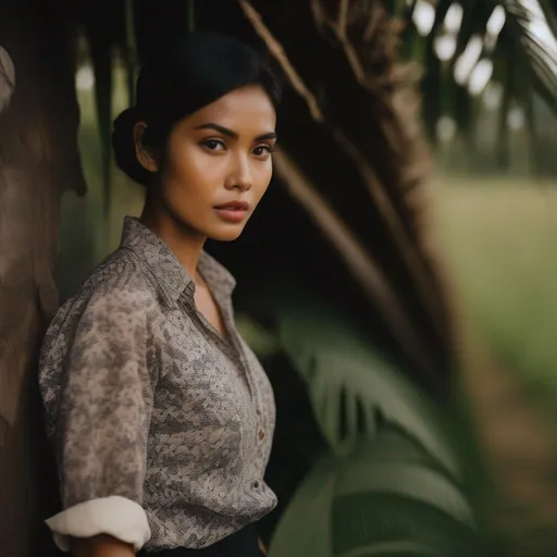 Prompt: RAW photo, 3/4 body shot, pretty young Indonesian woman, 25 year old, (round face, high cheekbones, almond-shaped brown eyes, epicanthic fold, small delicate nose, short black hair), embroidered button down shirt, gypsy skirt, scenery landscape rural tropical, (high detailed skin:1.2), 8k uhd, dslr, soft lighting, high quality, film grain, Fujifilm XT3