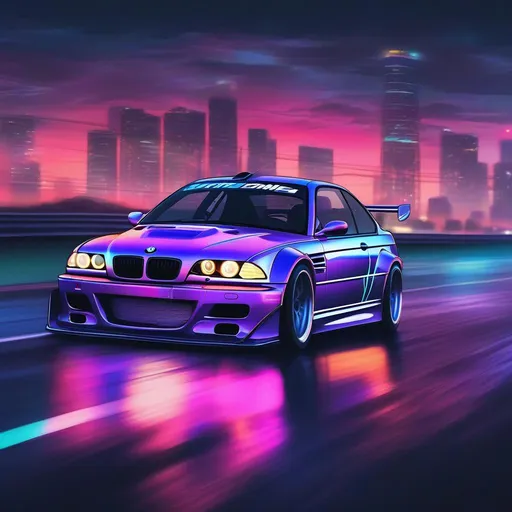 Prompt: 2001 BMW M3 E46 GTR, synthwave, aesthetic cyberpunk, miami, highway, dusk, neon lights, coastal highway, dusk, neon lights, coastal highway, sunset, drift, nurburgring, water on the road, blade runner, 8k, watercolor