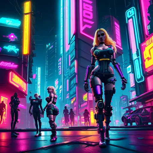 Prompt: cyberpunk 2077, blonde young girl, night city, street signs, neon background, robots, focus on girl, futuristic