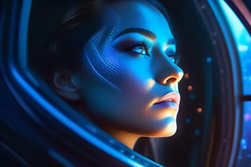 Prompt: Woman looking outside the window from the inside of a spaceship at a nebula; focus on woman, UHD, hyper-realistic, vivid, striking, photography, cinematic lighting, photo-realistic, 8k, sharp focus, intricate details, trending on artstation