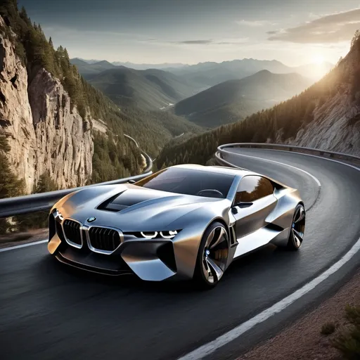 Prompt: Imagine a BMW M Power concept vehicle roaring down a winding mountain road, with its futuristic design reflecting the surrounding natural landscape