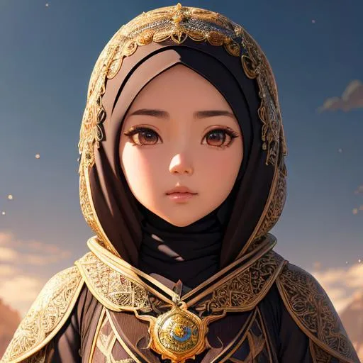 Prompt: Mislim Anime small little girl in hijab thorn princess, knight, braided dark brown hair, brown eyes, symmetrical, highly detailed body, perfect composition, hyperrealistic, super detailed, 8k, high quality, Splash art, front, epic Instagram, artstation, hyperdetailed intricately detailed, unreal engine, intricate detail, complementary colors, 8k, heavy strokes, full height, full body,