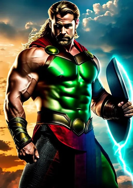 Prompt: High-resolution hyperrealistic photo of marvel's demigod {hercules} merged with thor, green and red and gold and blue costume, uhd, hdr, 64k