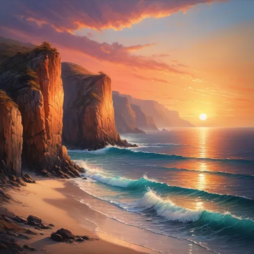 Prompt: Oceanic landscape with rocky cliffs, vibrant sunset over the horizon, sparkling water, high resolution, realistic painting, warm tones, dramatic lighting, detailed textures, serene atmosphere, natural beauty