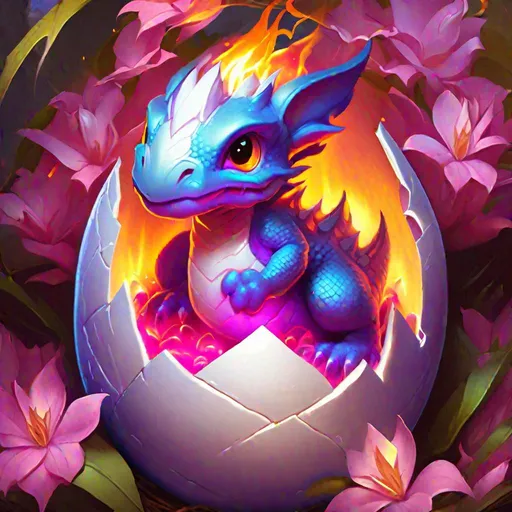 Prompt: world of warcraft style, baby dragon hatching from an egg, blossom background, radiant, flaming eyes,  art by greg rutkowski and artgerm