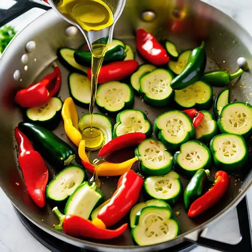 Prompt: olive oil is poured into a pan full of cut green and red peppers and zucchini