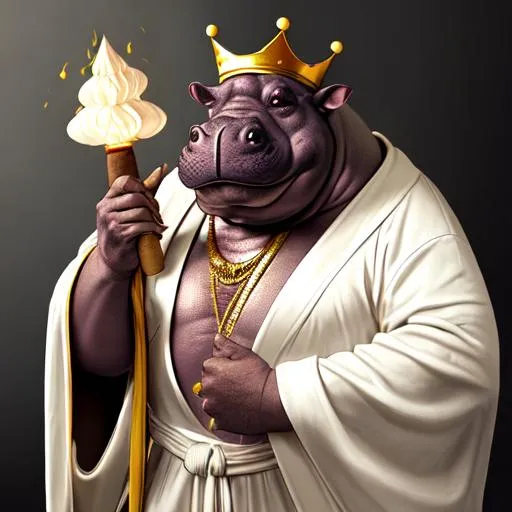 Prompt: humanoid hippo-man, king, wearing extremely expensive cream white robes, holding a cigar, ominous lighting, hyper-detail