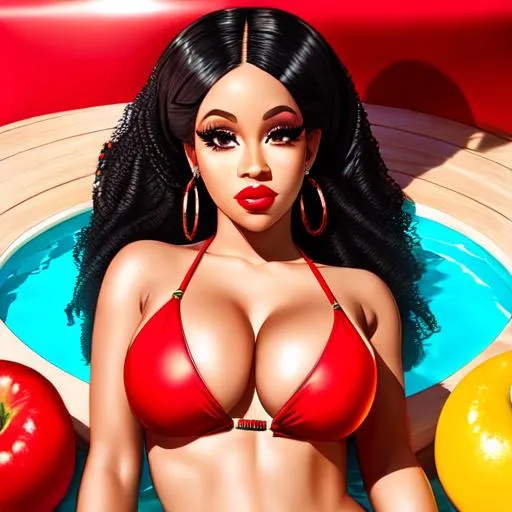 Prompt: Cardi. B , portrait, hyper realistic, detailed face, red bikini with fruit and pool in background 
