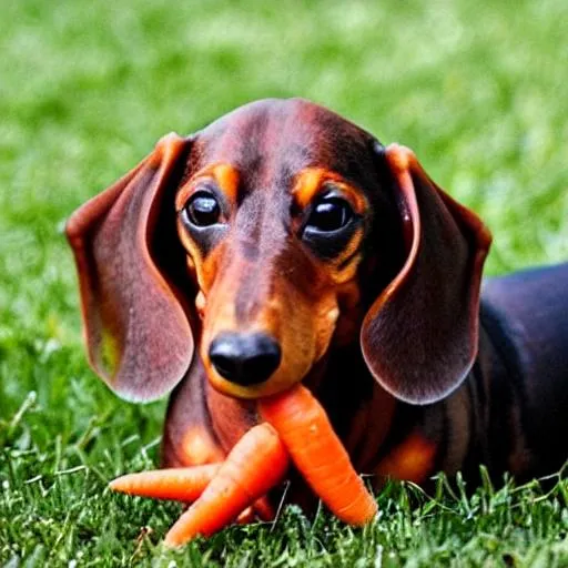 A dachshund eating some carrots OpenArt